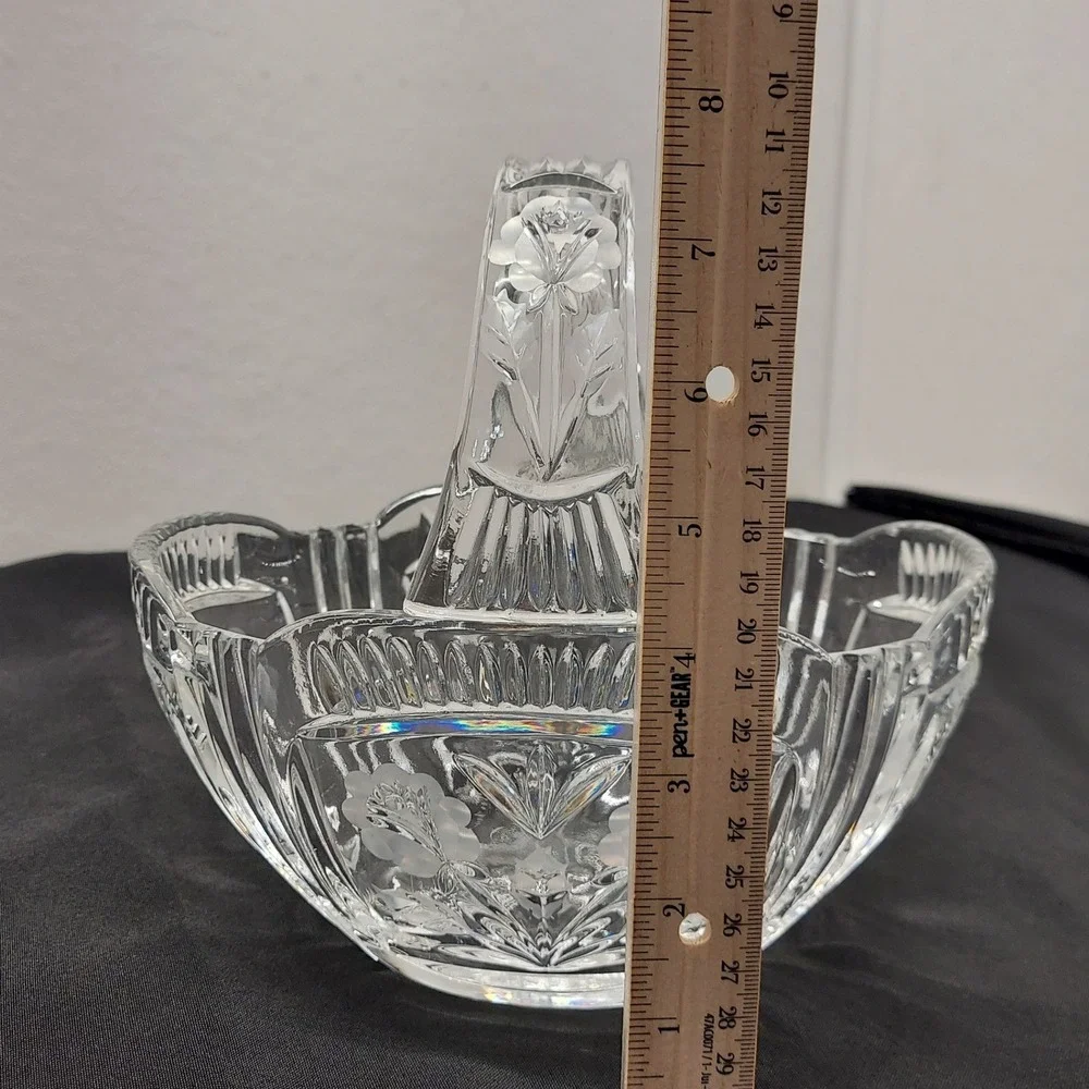 Vintage Crystal Glass Basket Frosted Floral Etched Scalloped Candy Dish 8